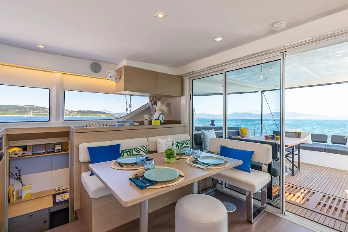 Lagoon 43's saloon with sliding door open to the cockpit